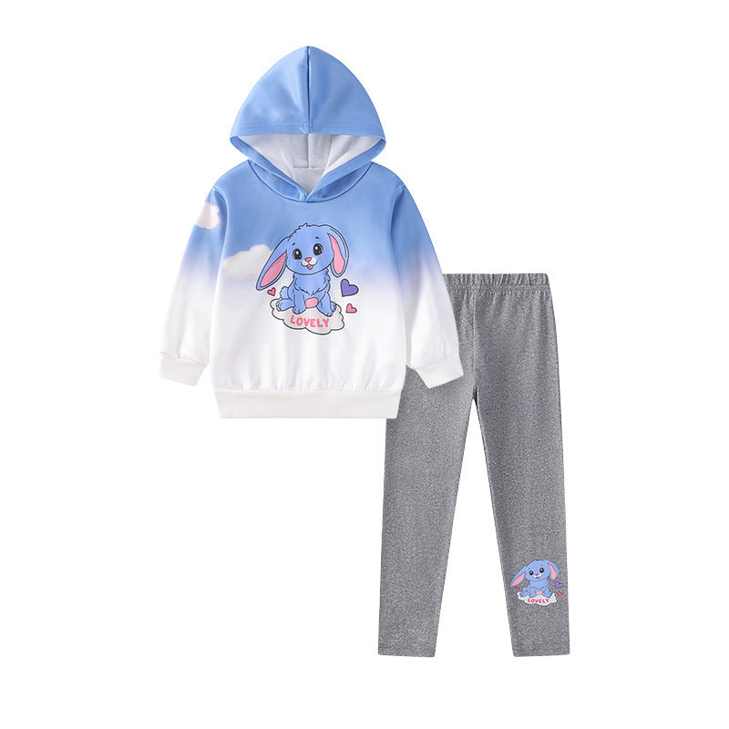 Spring and Autumn Girls Cartoon Pattern Long Sleeves Hoodie and Pants Clothing Set