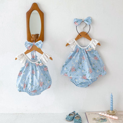 Summer Girls Flowers Pattern Sleeveless Lace Strap Onesies And Clothing Set – Sister Matching Clothing Set