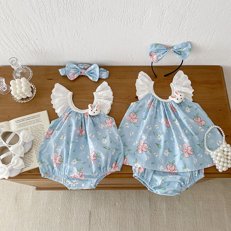 Summer Girls Flowers Pattern Sleeveless Lace Strap Onesies And Clothing Set – Sister Matching Clothing Set