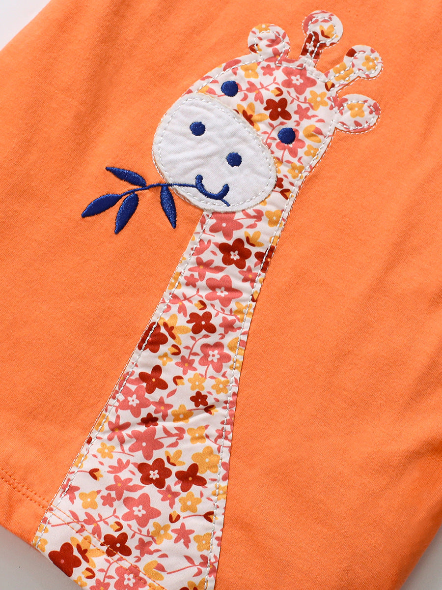 Girls’ Clothing Summer Collection – Floral Giraffe Pattern Children’s T-Shirt