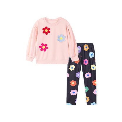 Spring and Autumn Girls Flowers Pattern Long Sleeves Top and Pants Clothing Set