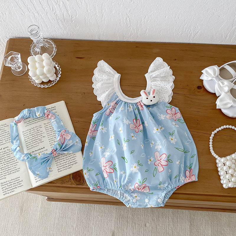 Summer Girls Flowers Pattern Sleeveless Lace Strap Onesies And Clothing Set – Sister Matching Clothing Set