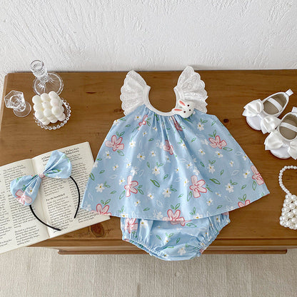 Summer Girls Flowers Pattern Sleeveless Lace Strap Onesies And Clothing Set – Sister Matching Clothing Set