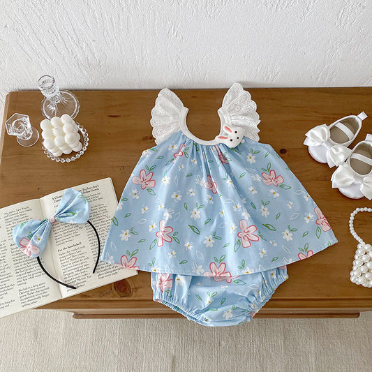 Summer Girls Flowers Pattern Sleeveless Lace Strap Onesies And Clothing Set – Sister Matching Clothing Set