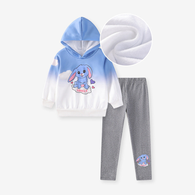 Spring and Autumn Girls Cartoon Pattern Long Sleeves Hoodie and Pants Clothing Set